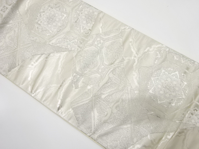 アンティーク　破れ色紙に華紋・花蜀江・向かい鶴模様織り出し袋帯（着用可）